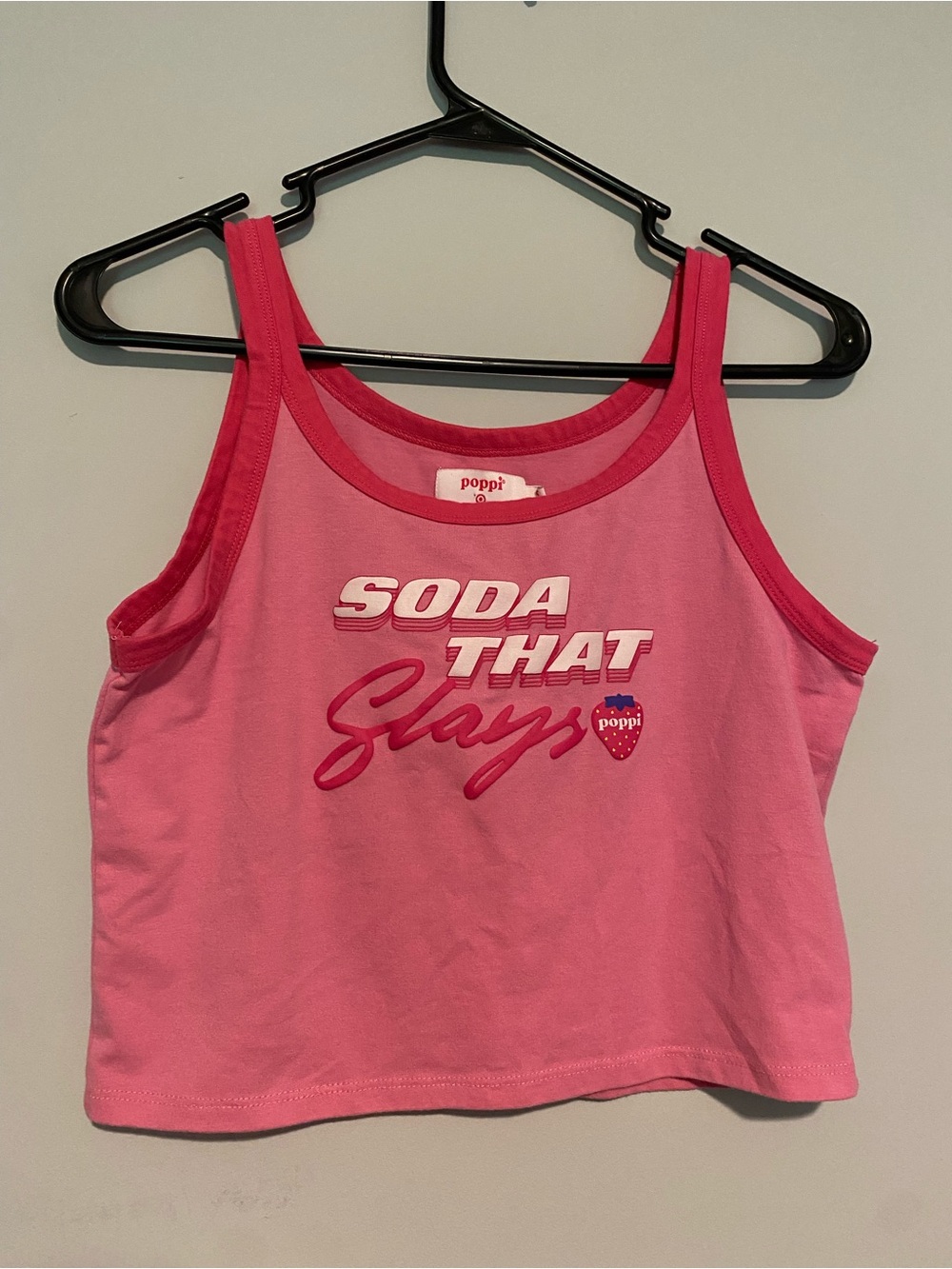 Poppi Soda That Slays Pink Graphic Ringer Crop Tank Top Size Small